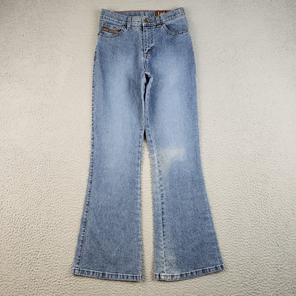 Womens 14S Blue Lee Jean Flare Leg Slim Fit Stretch Denim Mid Rise Classic Pants